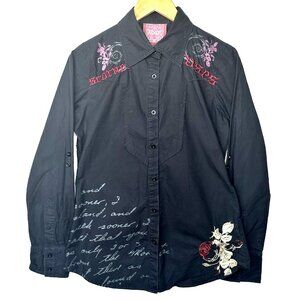Roar Womens Western Shirt Button Up Floral Embroidered Long Sleeve Black Size L
